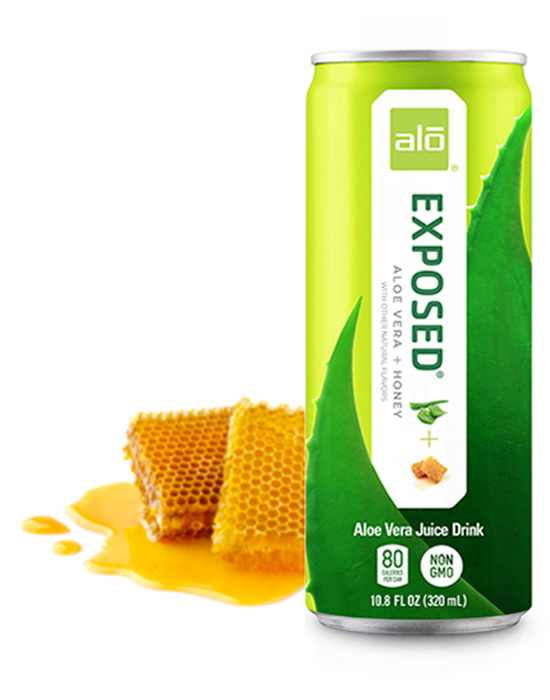 ALO Exposed in slim aluminum can Aloe vera juice drink plus honey