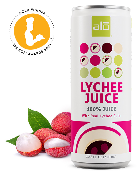 ALO Lychee Juice 100% juice with real lychee pulp in aluminum can SFA SOFI Gold Award Winner 2024